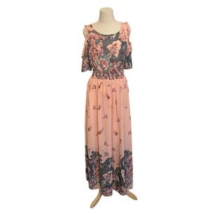 Suzanne Betro Peach Floral Cold Shoulder Dress Size Medium